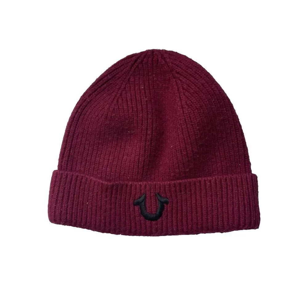 True Religion Knit Beanie Hat Cap Cashmere Lambswool Blend Red Black One Size
